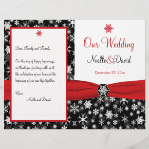 Black, White, Red Snowflakes Wedding Program