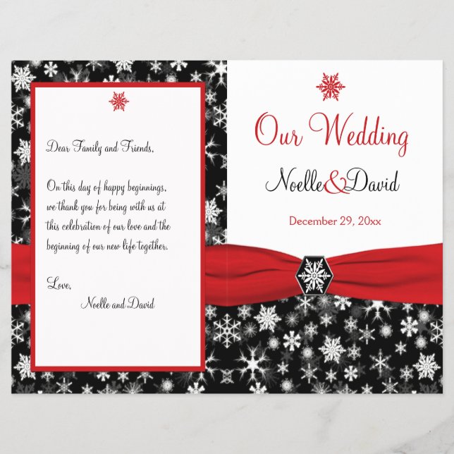 Black, White, Red Snowflakes Wedding Program (Front)