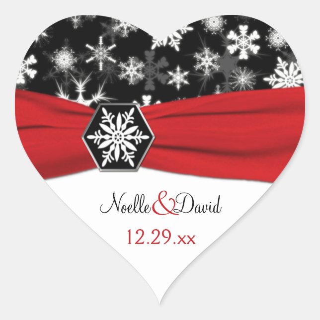 Black, White, Red Snowflakes Wedding Sticker (Front)