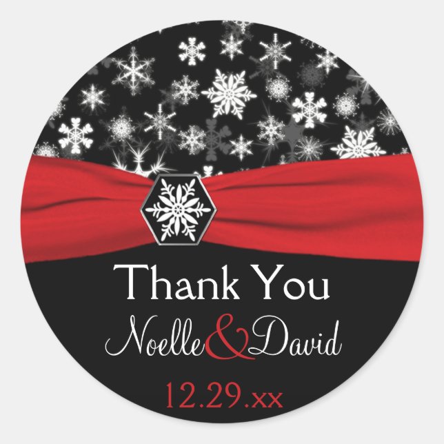 Black, White, Red Snowflakes Wedding Sticker (Front)