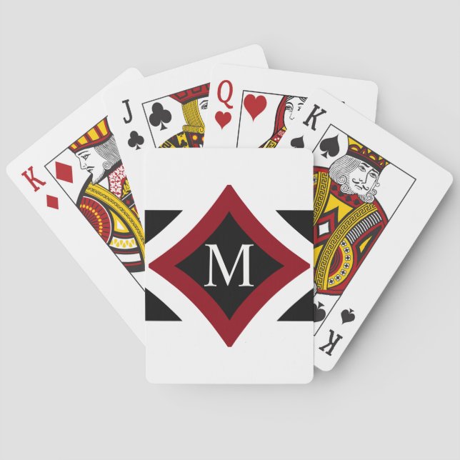 Black, White & Red Stylish Diamond Shaped Monogram Poker Cards (Back)