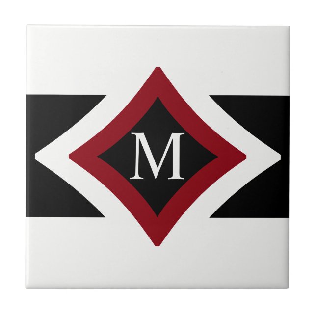 Black, White & Red Stylish Diamond Shaped Monogram Tile (Front)