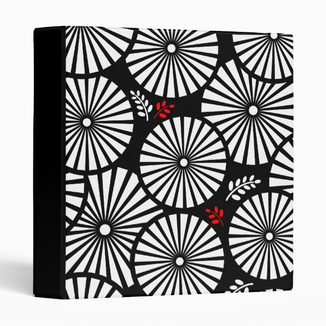 Black White Red Sunburst Retro Floral Geometric 3 Ring Binder (Front/Spine)
