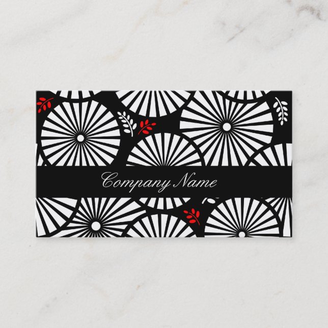 Black White Red Sunburst Retro Floral Geometric Business Card (Front)