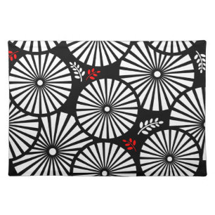 Black White Red Sunburst Retro Floral Geometric Cloth Placemat