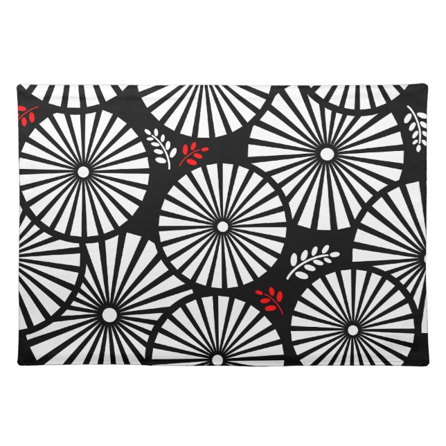 Black White Red Sunburst Retro Floral Geometric Cloth Placemat (Front)