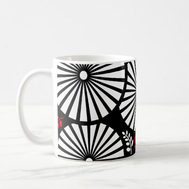 Black White Red Sunburst Retro Floral Geometric Coffee Mug (Left)