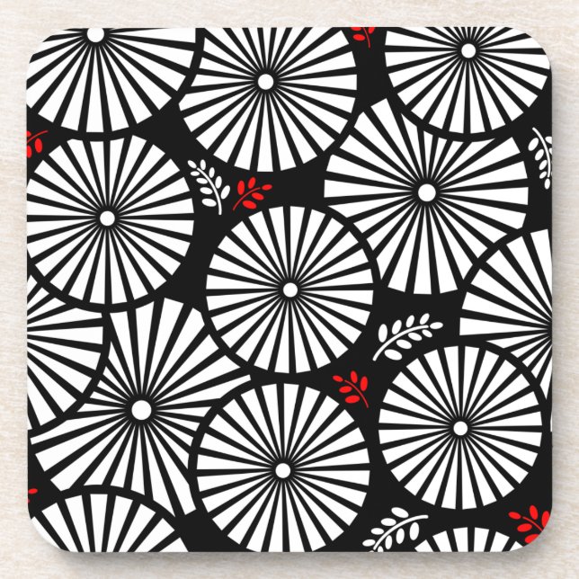 Black White Red Sunburst Retro Floral Geometric Drink Coaster (Front)
