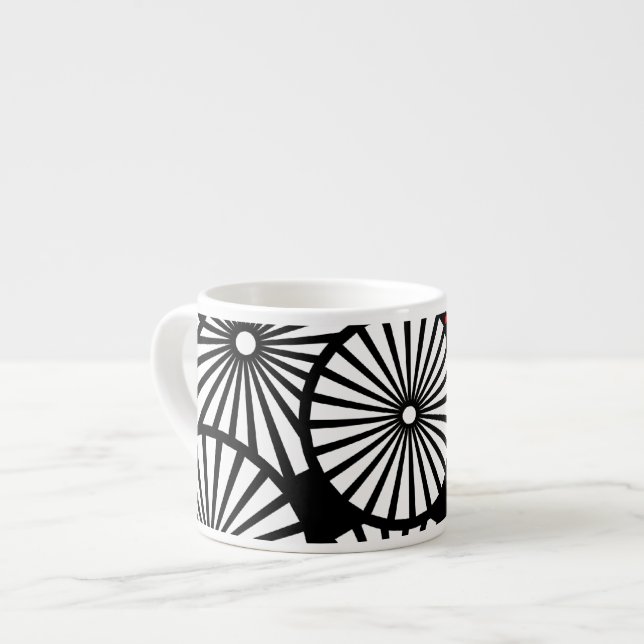 Black White Red Sunburst Retro Floral Geometric Espresso Cup (Front Left)
