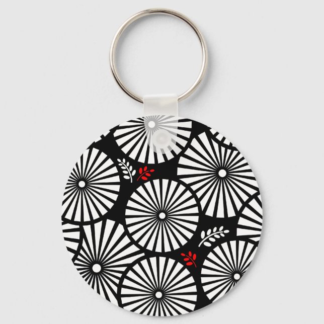 Black White Red Sunburst Retro Floral Geometric Keychain (Front)