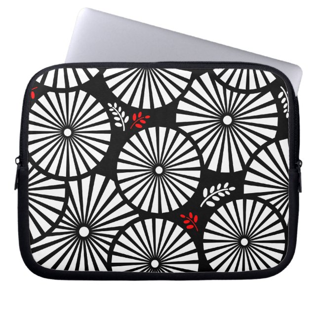 Black White Red Sunburst Retro Floral Geometric Laptop Sleeve (Front)