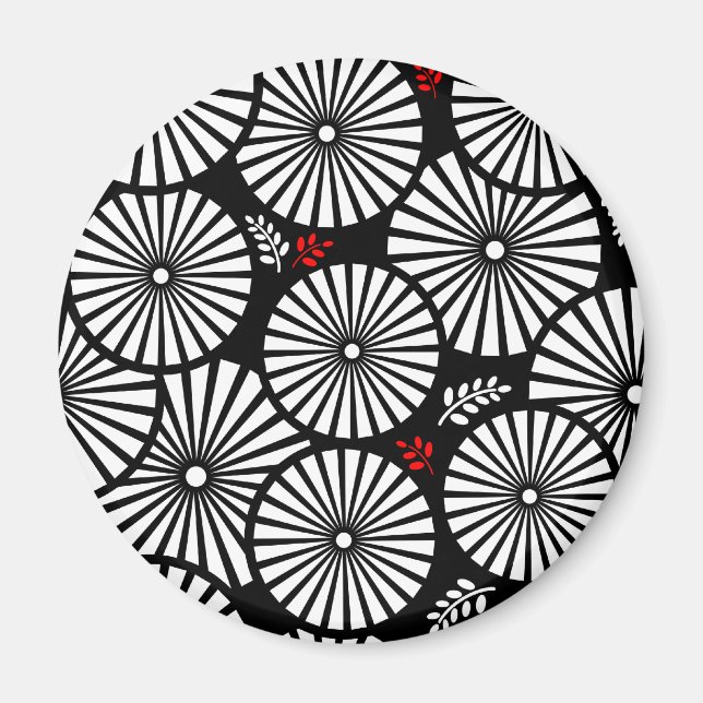 Black White Red Sunburst Retro Floral Geometric Magnet (Front)