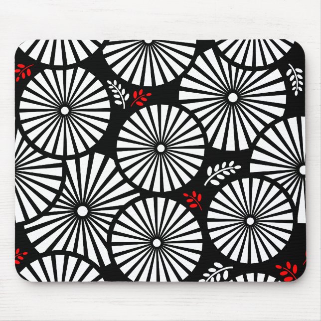 Black White Red Sunburst Retro Floral Geometric Mouse Pad (Front)