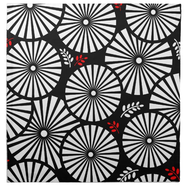 Black White Red Sunburst Retro Floral Geometric Napkin (Front)