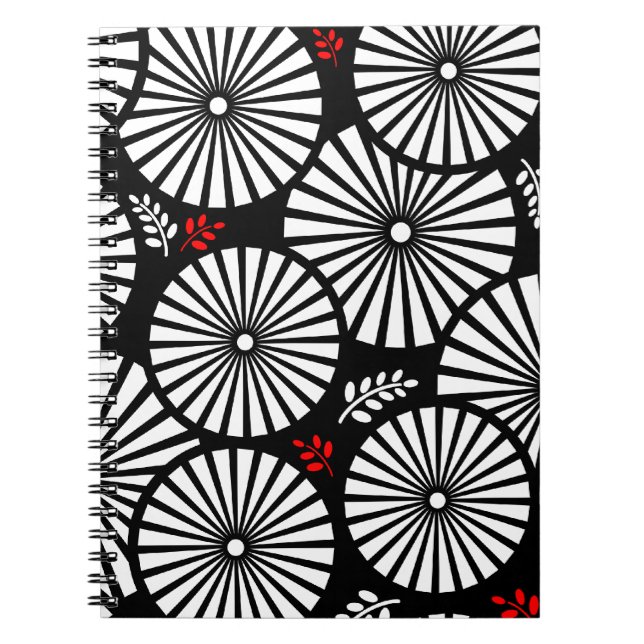 Black White Red Sunburst Retro Floral Geometric Notebook (Front)