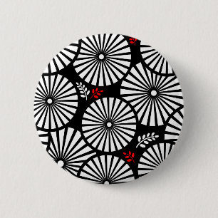 Black White Red Sunburst Retro Floral Geometric Pinback Button