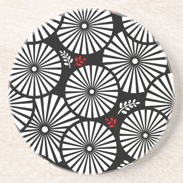 Black White Red Sunburst Retro Floral Geometric Sandstone Coaster (Front)