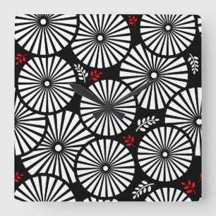 Black White Red Sunburst Retro Floral Geometric Square Wall Clock