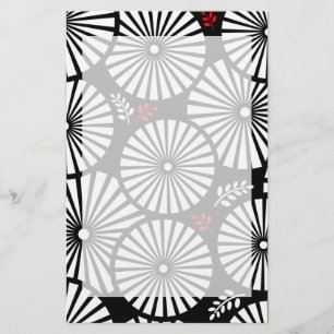 Black White Red Sunburst Retro Floral Geometric Stationery