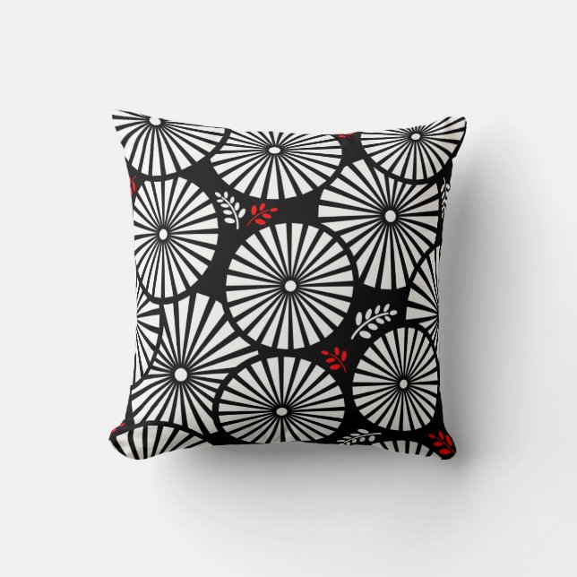 Black White Red Sunburst Retro Floral Geometric Throw Pillow (Front)