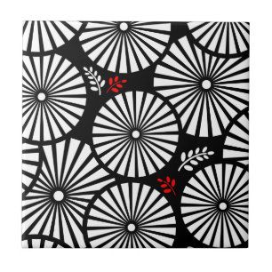 Black White Red Sunburst Retro Floral Geometric Tile