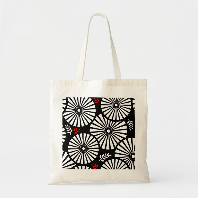 Black White Red Sunburst Retro Floral Geometric Tote Bag (Front)