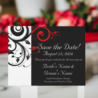 Black, White, Red Swirl Wedding Save the Date