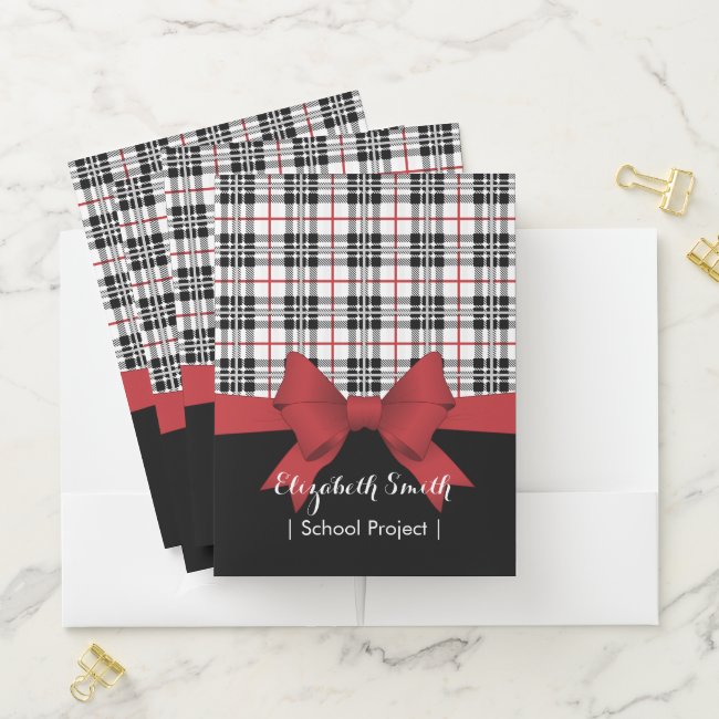Black White Red Tartan Plaid and Red Ribbon
