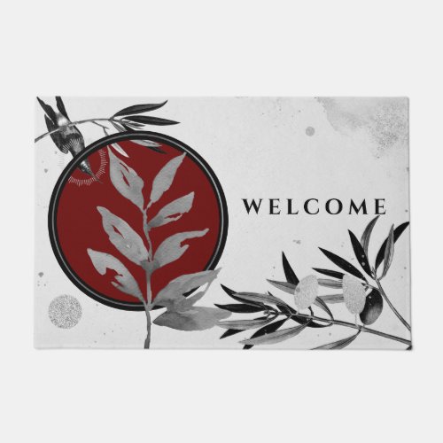 Black White  Red Watercolor Leaves Welcome Doormat