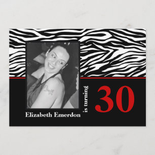 Black white red zebra print 30th birthday photo invitation
