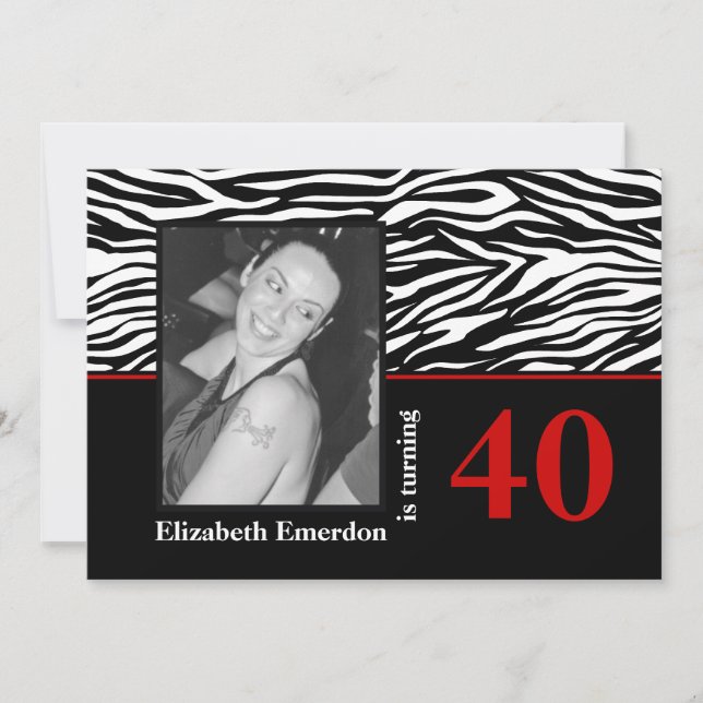 Black white red zebra print 40th birthday photo invitation (Front)