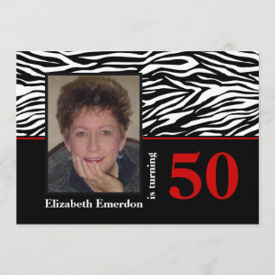 Black white red zebra print 50th birthday photo invitation
