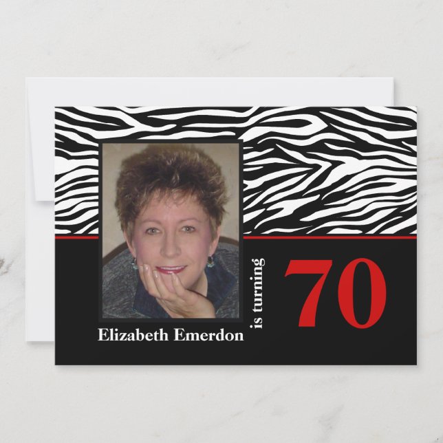 Black white red zebra print 70th birthday photo invitation (Front)