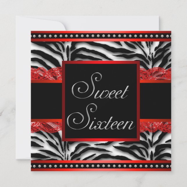 Black White Red Zebra Sweet 16 Party Invitation (Front)