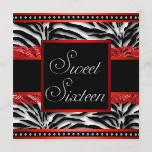 Black White Red Zebra Sweet 16 Party Invitation