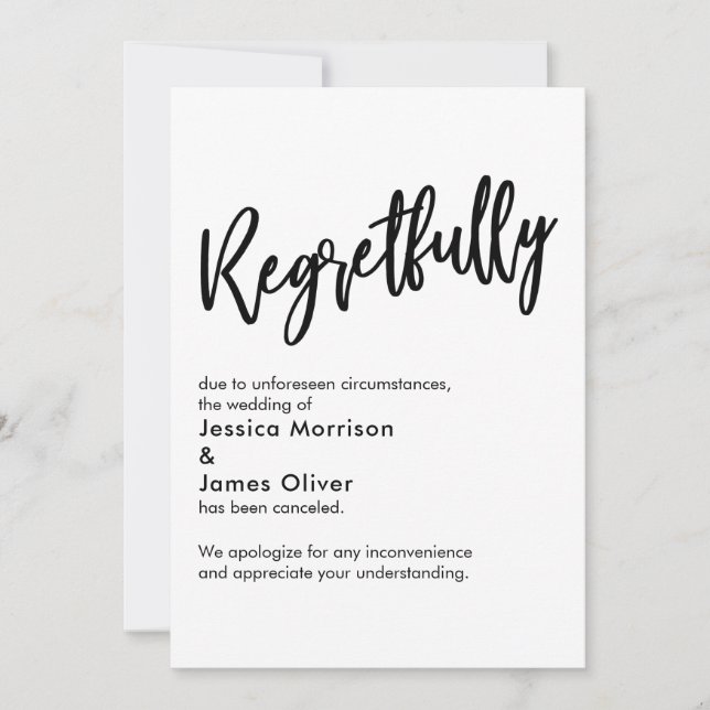Black White Regretfully Canceled Wedding Card (Front)