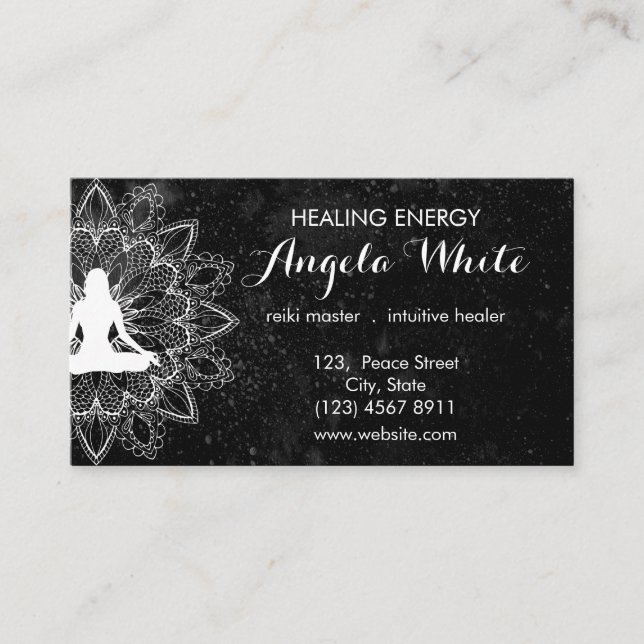 Black White Reiki Master Healer Yoga Instructor Business Card (Front)