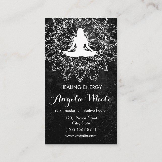 Black White Reiki Master Healer Yoga Instructor Business Card (Front)