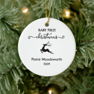 Black & White Reindeer Baby First Christmas Photo Ceramic Ornament