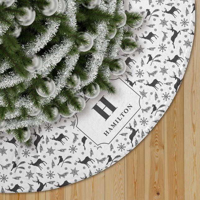 Black & White Reindeer Pattern Monogram Tree Skirt (Creator Uploaded)