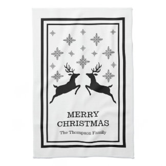 Black &amp; White Reindeers With Snowflakes Christmas Kitchen Towel