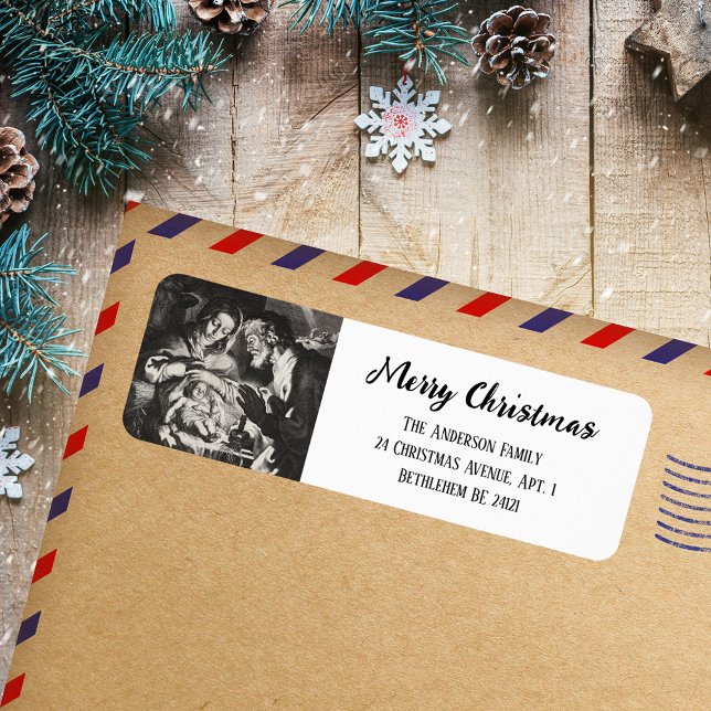 Black & White Religious Christian Holy Christmas Label (Black & White Simple Script Religious Christian Catholic Nativity Christmas Return Address Label)