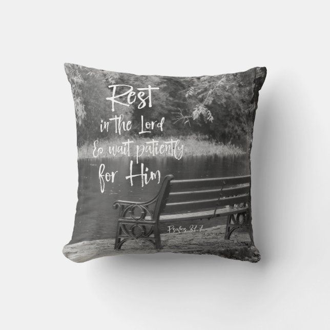 Black & White Rest in the Lord Psalms Scripture Throw Pillow (Front)
