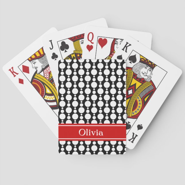Black & White Retro Circles Pattern w/ Red Band Poker Cards (Back)