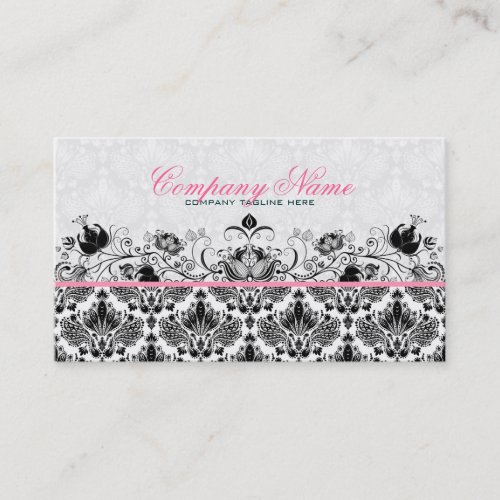 Black &amp; White Retro Floral Damasks Pattern Business Cards
