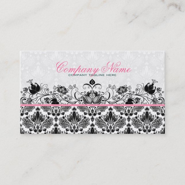 Black & White Retro Floral Damasks Pattern Business Card (Front)