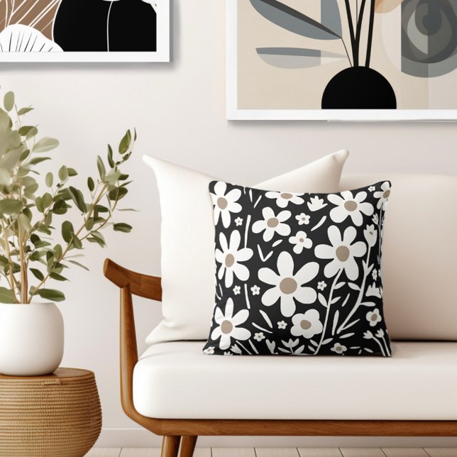 Black White Retro Floral Throw Pillow (Style with the perfect blend of floral style & retro flair to your living space.)