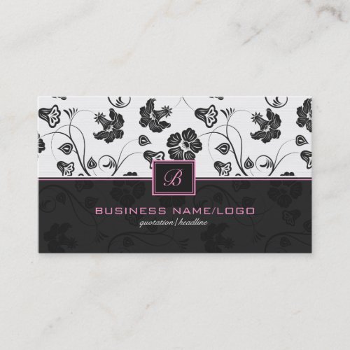 Black &amp; White Retro Flowers Pattern Monogramed Business Card