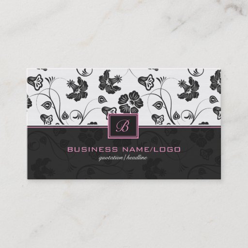 Customizable Black &amp; White Retro Flowers Pattern Monogramed Business Card