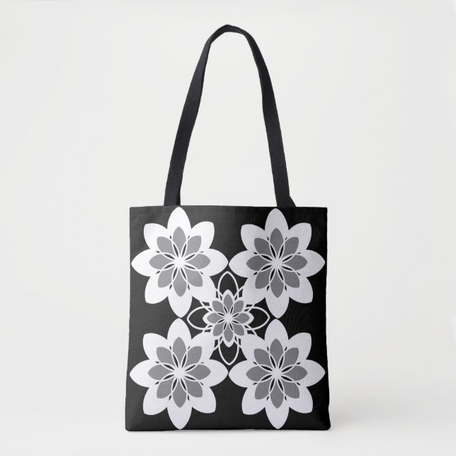 Black white retro graphic floral  tote bag (Front)